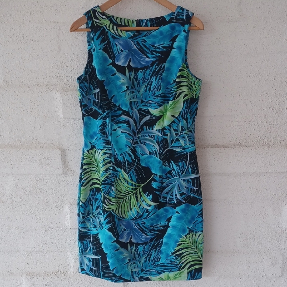 Allyson II Tropical Leaf Sleeveless Sheath Dress Blue Green Aloha Resort